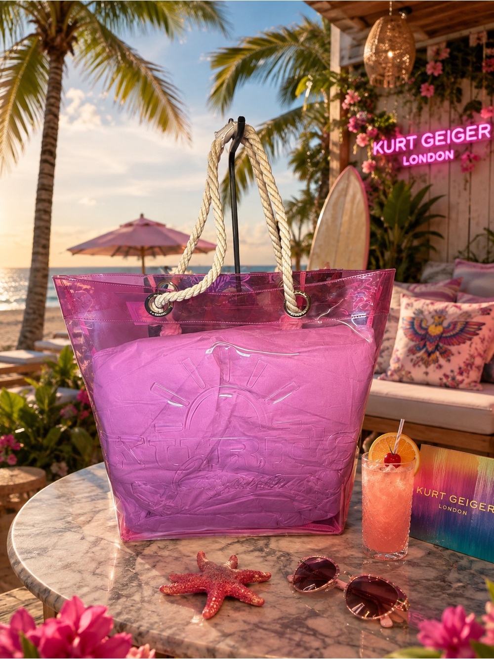 Kurt Geiger Pink Transparent Tote Bag with Rope Handles